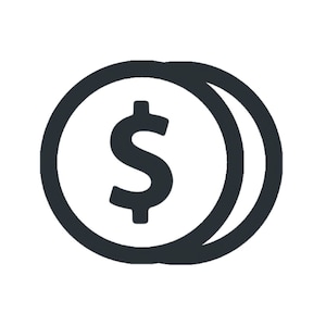 May include: A black and white illustration of two stacked coins with a dollar sign in the centre.