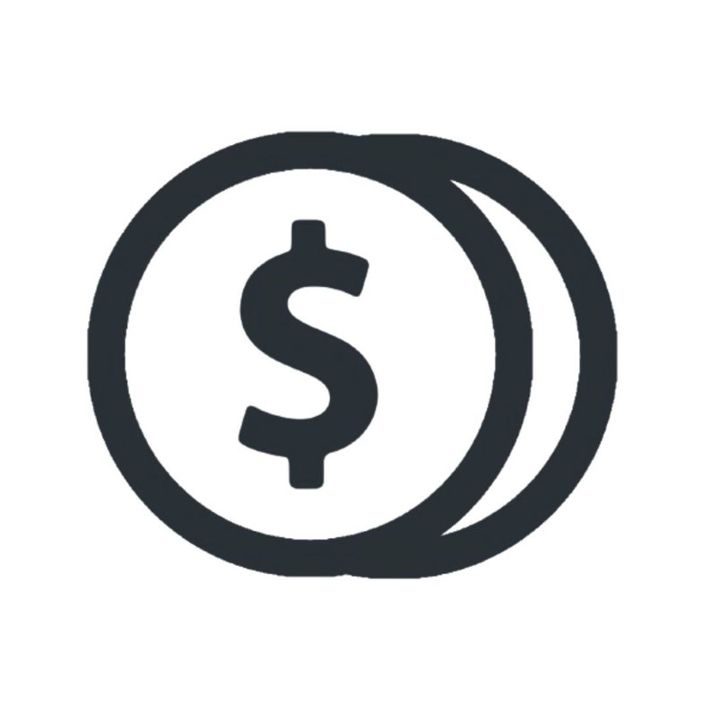 May include: A black and white illustration of two stacked coins with a dollar sign in the centre.