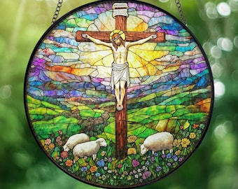Jesus Crucifixion Stained Glass Suncatcher, Easter Cross Glass Window Hanging, Easter Themed Art Decor, Religious Gift For Nature Lover