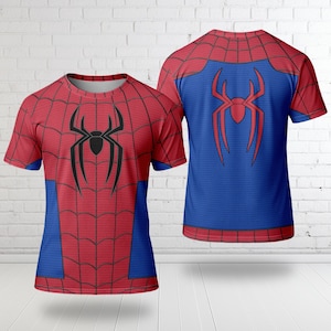 May include: A short-sleeved t-shirt featuring a red and blue spider-themed graphic print. The front displays a black spider emblem over a red web pattern, while the back shows a large red spider logo on a blue background with red web detailing.