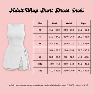 a white adult wrap short dress in different sizes, including XS, S, M, L, XL, and 3XL, along with their corresponding bust, waist, hips measurements. All dimensions are measured manually with deviation at 0.5-1 (measure flat), and the image does not include any text.