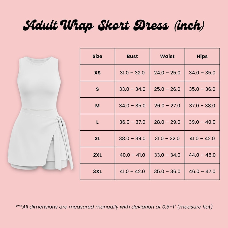 a white adult wrap short dress in different sizes, including XS, S, M, L, XL, and 3XL, along with their corresponding bust, waist, hips measurements. All dimensions are measured manually with deviation at 0.5-1 (measure flat), and the image does not include any text.
