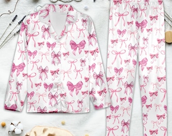 Coquette Pink Bow Cute Pajamas Set, Girly Matching Pajama Set, Pink Bow Coquette Pajama Set Women, Pink Coquette Couple Pajamas Gift
