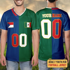 May include: A split-design football jersey featuring a blue and green colour scheme with a V-neck collar. The front displays the Czech and Mexican flags and the number 00. The back features the text YOUR NAME above the large number 00.