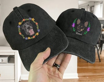 Custom Embroidery Floral Pet Hat, Embroidered Using Pet Photo Cap, Personalized Dog Hat, Custom Cat Hat, Pet Memorial Day Gift