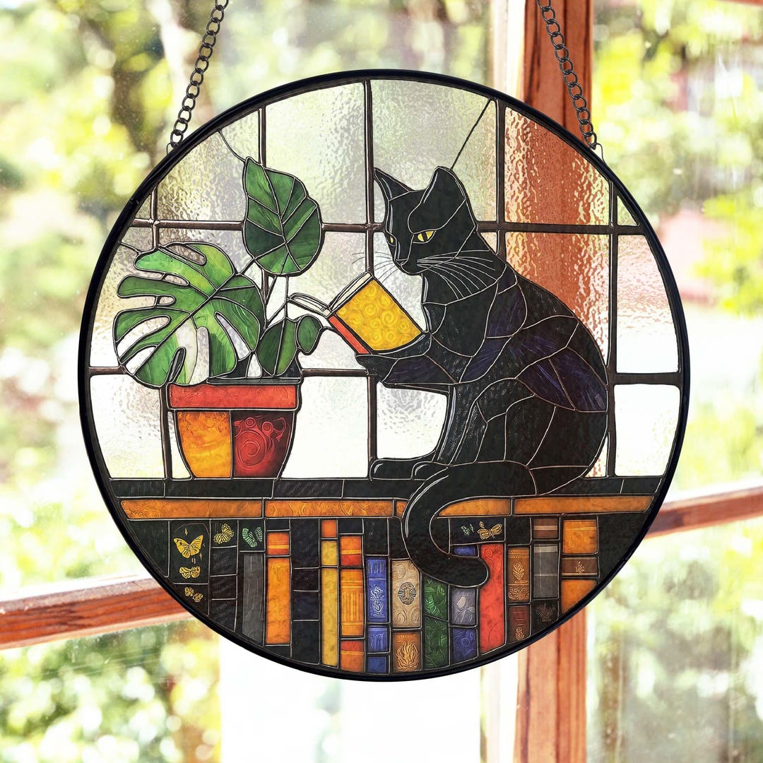 Black Cat Reading Book Stained Glass Suncatcher, Book Lover Gift for ...