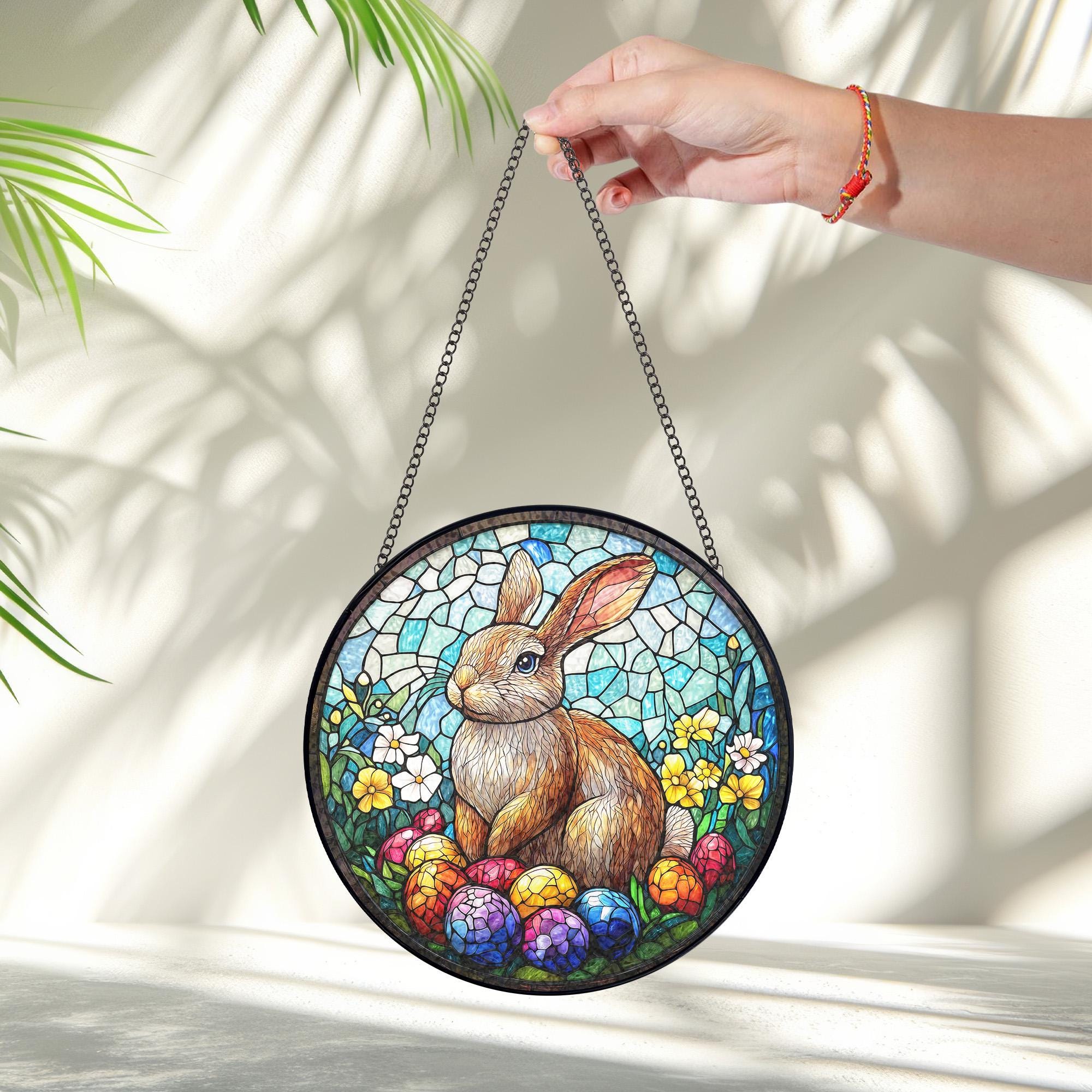 Easter Bunny With Eggs Stained Glass Suncatcher, Easter Rabbit