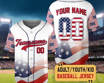 Personalized White Red Blue 4th Of July Baseball Jersey, Custom Team Name American Flag Baseball Jersey, Patriotic Jersey For Baseball Lover