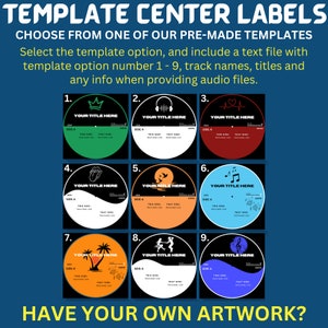 May include: Nine different template options for record labels. Each template features a different design, including a crown, headphones, a heart, a tongue, a bird, musical notes, a palm tree, dancing figures, and a treble clef. The text "YOUR TITLE HERE" appears on each template.