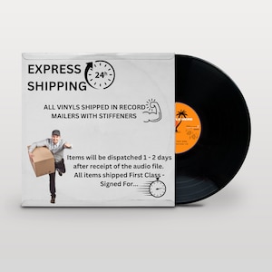 May include: A white envelope with the text "EXPRESS SHIPPING" and "ALL VINYLS SHIPPED IN RECORD MAILERS WITH STIFFENERS". A black vinyl record is partially visible on the right side of the image.
