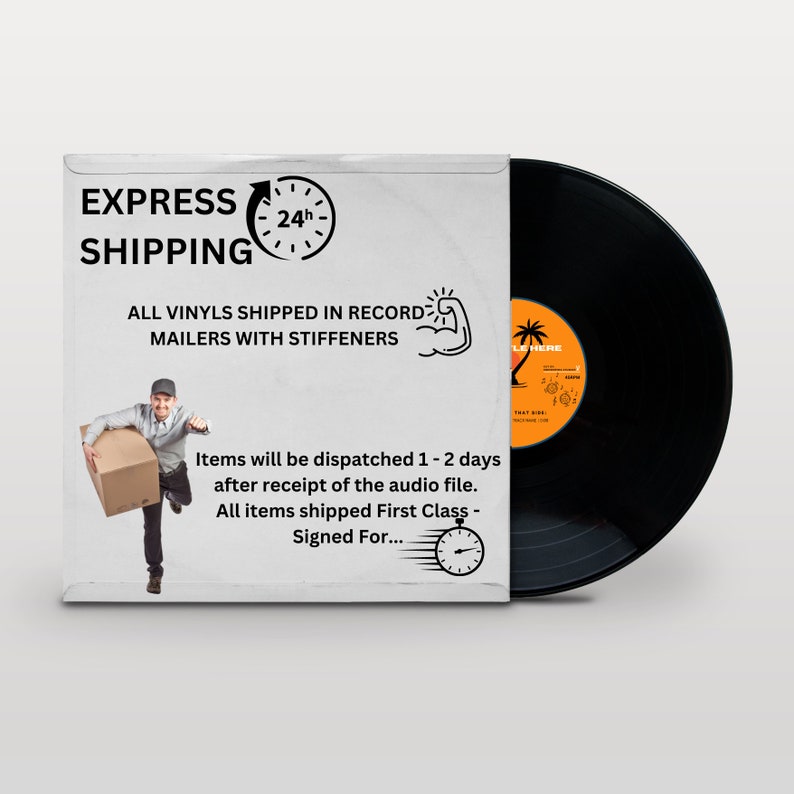 May include: A white envelope with the text "EXPRESS SHIPPING" and "ALL VINYLS SHIPPED IN RECORD MAILERS WITH STIFFENERS". A black vinyl record is partially visible on the right side of the image.