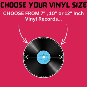 May include: Choose your vinyl record size: 7", 10", or 12" inch. A black vinyl record with a white label that says "YOUR TITLE HERE" is shown.