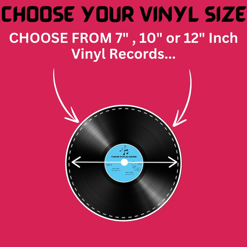 May include: Choose your vinyl record size: 7", 10", or 12" inch. A black vinyl record with a white label that says "YOUR TITLE HERE" is shown.