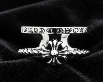 Pierścionek z dwoma grawerowanymi kwiatowymi krzyżami w stylu vintage, biżuteria w stylu gotyckim w stylu retro na prezent