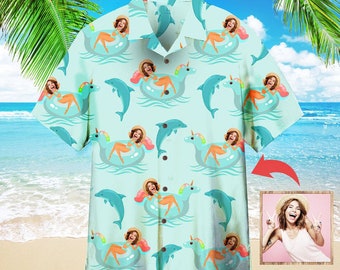 Funny Summer Vacation At Beach Dolphin Float Custom Photo Hawaiian Shirt For Men & Women, Personalized Photo Hawaiian Shirt, Gifts for Him