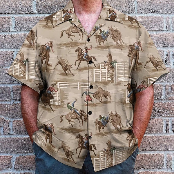 Western Cowboy Hawaiian Shirt for Men Women, Retro Cowboy Mens Hawaiian Shirt Button Down Short Sleeves, Cowboy Summer Shirt