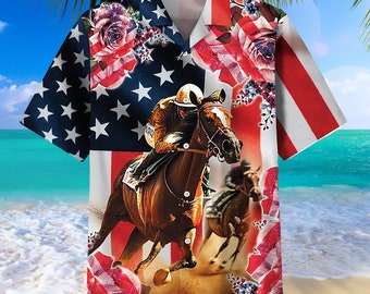 Horse Racing Rose US Flag Pattern Hawaiian Shirt, 4th Of July Horse Racing Aloha Summer Shirt, Happy Independence Day Hawaii Shirt