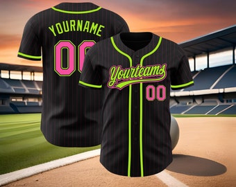 Custom Black Pink Pinstripe Pink-Neon Green Authentic Baseball Jersey, Baseball Jersey Uniform for Baseball Fans Lovers