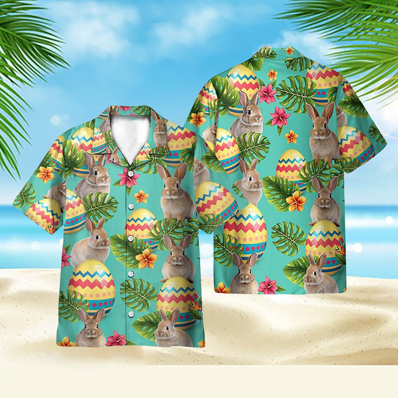 Bunny And Easter Eggs Tropical Leaves Pattern Hawaiian Shirt, Easter Day Hawaii Shirt