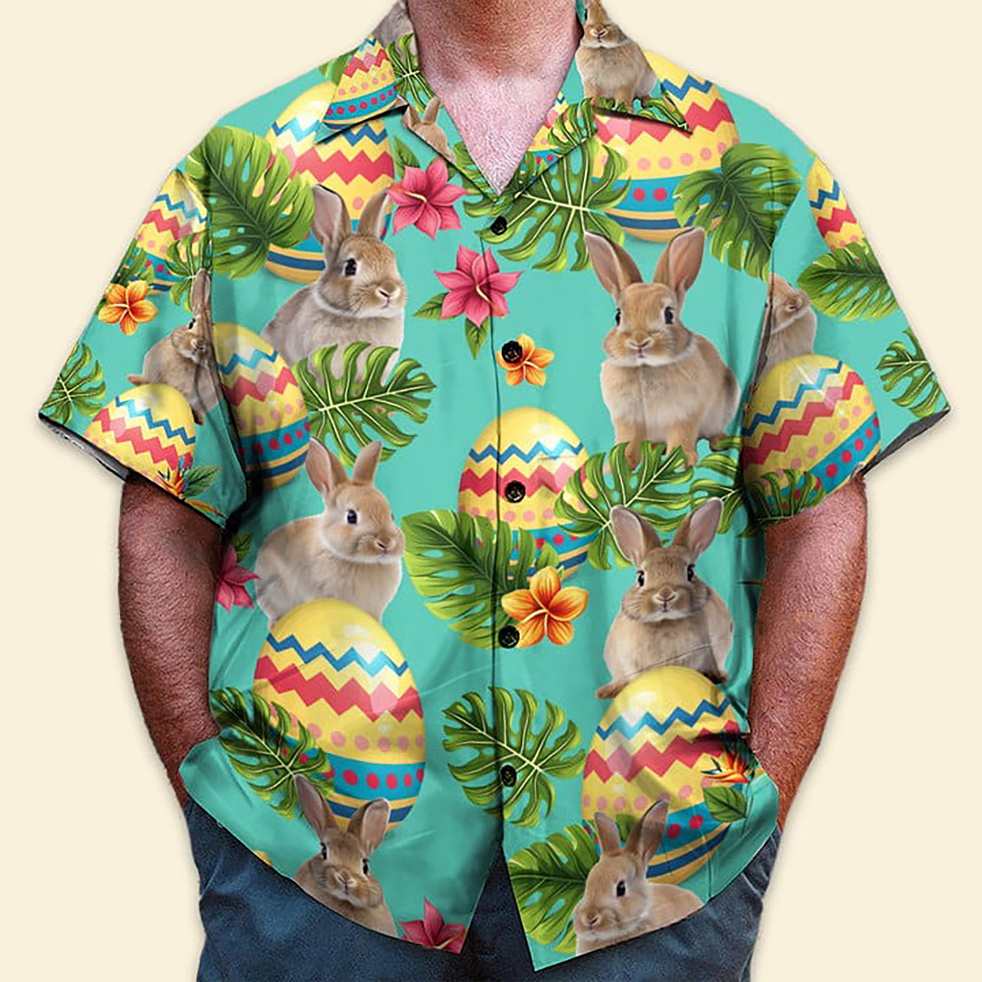 Bunny And Easter Eggs Tropical Leaves Pattern Hawaiian Shirt, Easter Day Hawaii Shirt