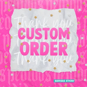 Puede incluir: Un papel blanco con bordes rasgados con el texto "Thank you CUSTOM ORDER Thank you" en letras rosas. El papel está sobre un fondo rosa con estrellas doradas.