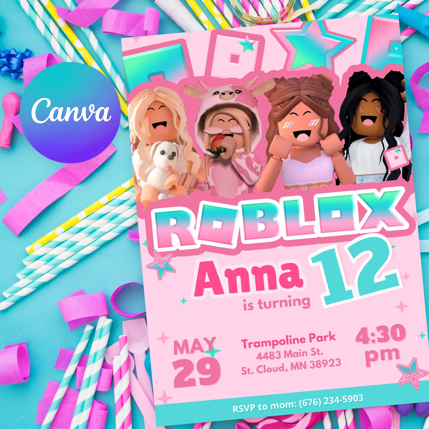 Canva Instant Download • Roblox Fully Editable Birthday Pink and