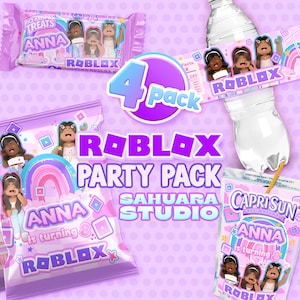 Sonderanfertigung • Roblox-Partypaket: Chip-Tüte, Rice Krispies, CapriSun und Wasserflasche Purple Rainbow Edition für Mädchen