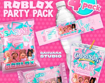 Personnalisable • Roblox Party Pack : sac de chips, Rice Krispies, CapriSun et bouteille d'eau Design holographique girly rose et sarcelle