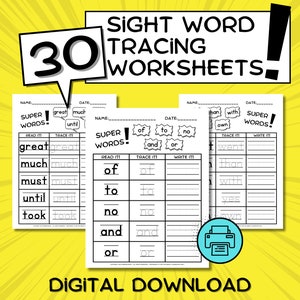 Sight Words Tracing Worksheets for Prek, Kindergarten, and 1st grade Students, 30 pages