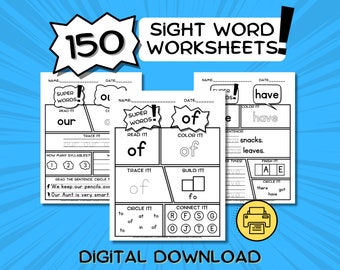 Sight Word Worksheets for Prek, Kindergarten, and 1st grade Students, Comic Book Themed Worksheets, 150 Pages