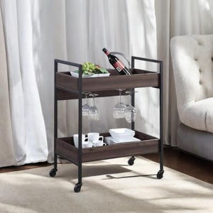 Country Style Double Tier Rectangular Serving Cart, Multi-purpose Storage Rack with Wine Glass Rack, Suitable for Kitchen, Pantry, etc.