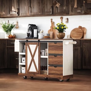 Farmhouse Style Kitchen Island, Kitchen Storage Island, Wheeled Kitchen Cart with Barn Door, Folding Board, Suitable for  Kitchen, etc.