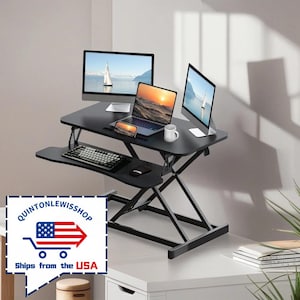 Standing desk, desk riser, desk converter, height adjustable sit-stand riser, dual monitor and laptop workstation, wide keyboard tray.