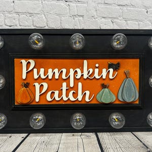 May include: Black rectangular Pumpkin Patch sign with a wooden frame and orange background. The sign has white lettering and features three pumpkins in orange, green, and blue. Clear light bulbs surround the sign.