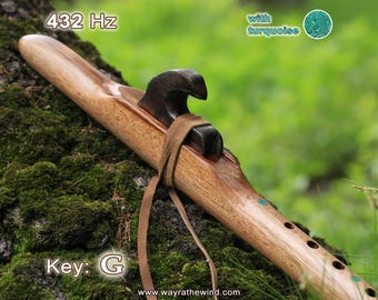 Flauto in stile nativo americano - tonalità di Sol, 432 Hz, legno di noce, intarsio turchese