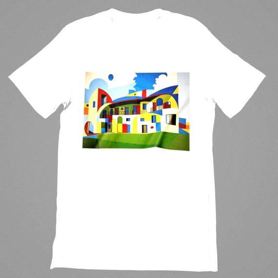 Unisex Shirt mit buntem Architektur-Print – Oversized T-Shirt für Damen & Herren | Farbenfroher Urban Style für 2025