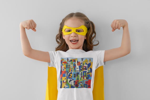 Creative Children's Heroes T-Shirt – Colorful City Illustration