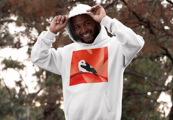 K#502 - Hoodie with bird motif – abstract animal art on bold red
