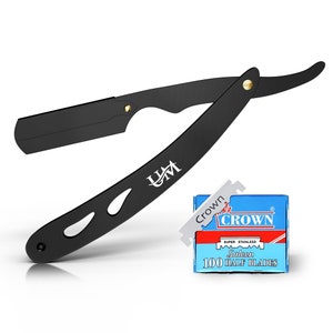 May include: A black straight razor with a silver accent and a black handle. The razor is labeled "L.M." and is accompanied by a pack of 100 "Crown" brand razor blades.