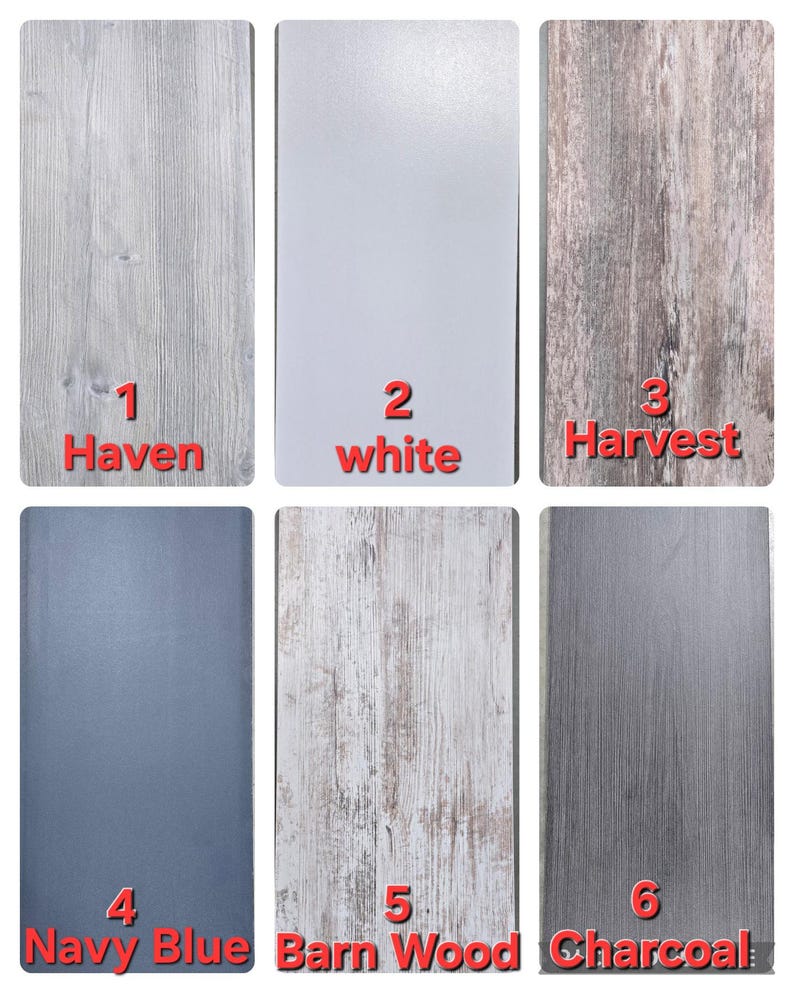 May include: Six different wood-look laminate samples, labeled 1-6. The samples are Haven, white, Harvest, Navy Blue, Barn Wood, and Charcoal.