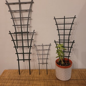 May include: Three black metal plant trellis stands on a wooden surface. The largest trellis is stacked on top of a smaller trellis. A small succulent plant is growing in a white ceramic pot in front of the middle trellis.