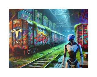Futuristic Wall Art Canvas, Tesla Robot Visuals, Urban Decor, AI Enthusiast Gift, Graffiti Style Artwork, Home Office Wall Decor