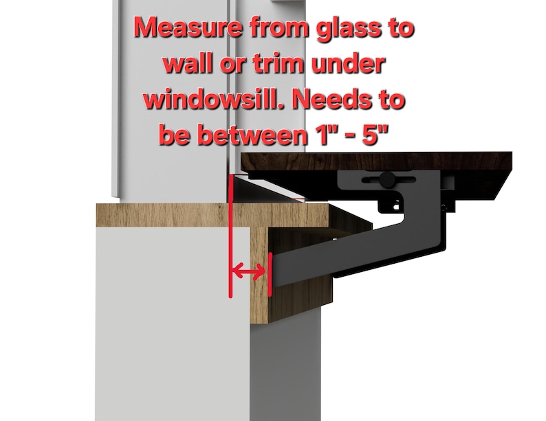 May include: Diagram showing how to measure the distance from the window glass to the wall or trim under the windowsill. The measurement should be between 1 and 5 inches.