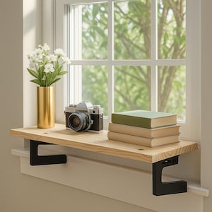 May include: A wooden shelf with black metal brackets is mounted on a window. A gold vase with white flowers, a vintage camera, and a stack of books are displayed on the shelf. The window overlooks a green, leafy background.