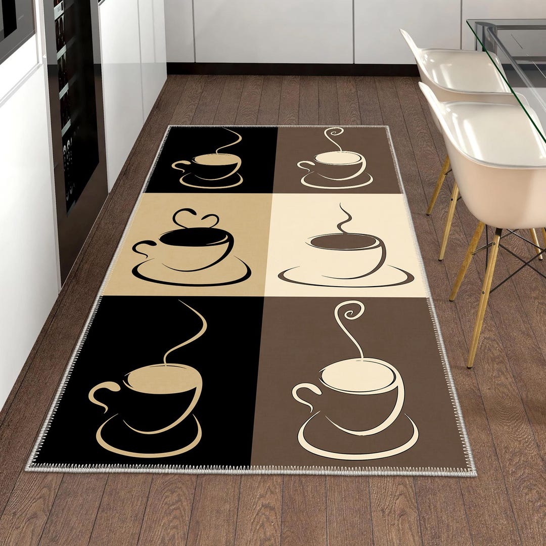 Brown Beige Modern Kitchen Rug, Coffee Themed Kitchen Rug, Cafe Themed ...