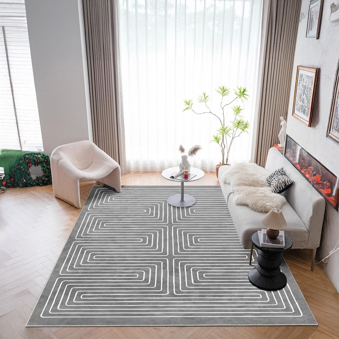 Gray Mesh Pattern Area Rug Modern Geometric Grey Area Rug – Labyrinth Pattern Washable Non-slip ...