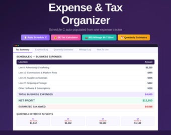 May include: A digital expense and tax organizer with a purple and white interface. The title "Expense & Tax Organizer" is displayed prominently. The interface includes sections for business expenses, net profit, and estimated tax owed. The text "2026 Tax Season" is also visible.