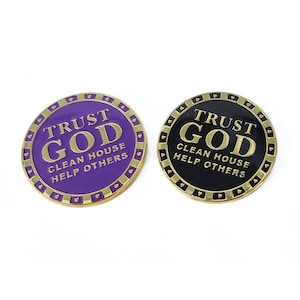 Serenity Prayer Token, Trust God, Clean House, Help Others, 36mm Raised Gold, Black Purple 2-sided Medallions for Display, Pocket, Keychain
