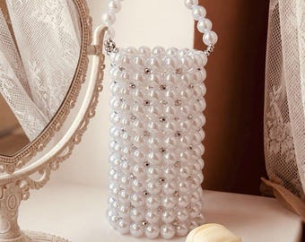 Handmade Pearl Bucket Bag | Elegant Bridal Wedding Purse, Beaded Statement Handbag