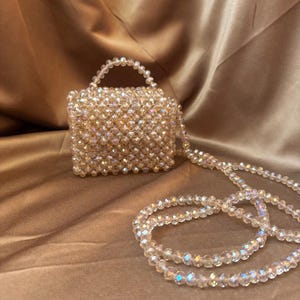 Handmade beaded bag - Crystal Mini Beaded Bag – Handmade Iridescent Evening Purse – Elegant Micro Bag with Long Strap – Unique Gift for Her
